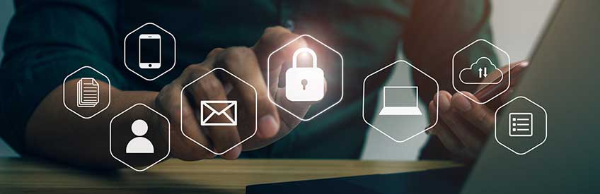 Businessmen protecting personal data on laptop and virtual interfaces stock photo