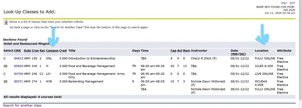 Campus format for classes as seen when creating class schedule