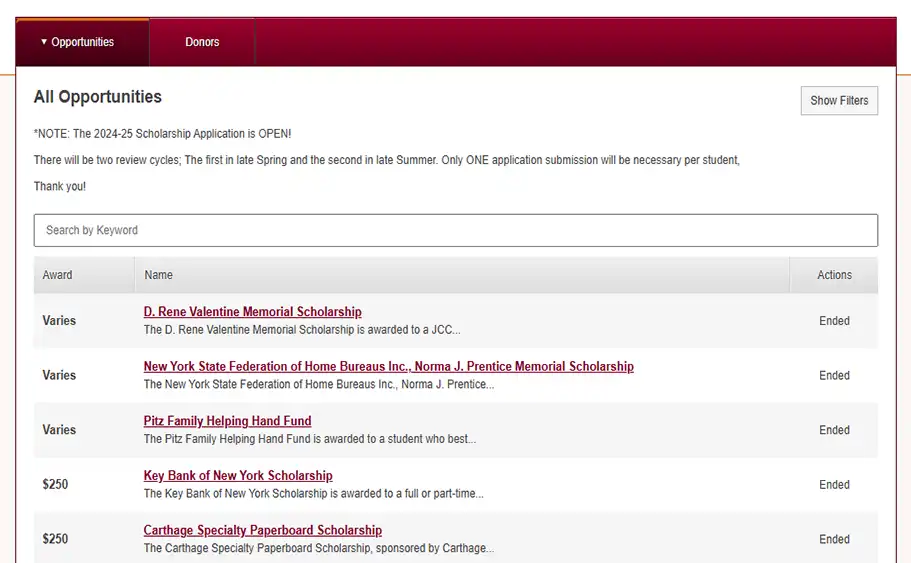 Screenshot of Jefferson Scholarship Search page