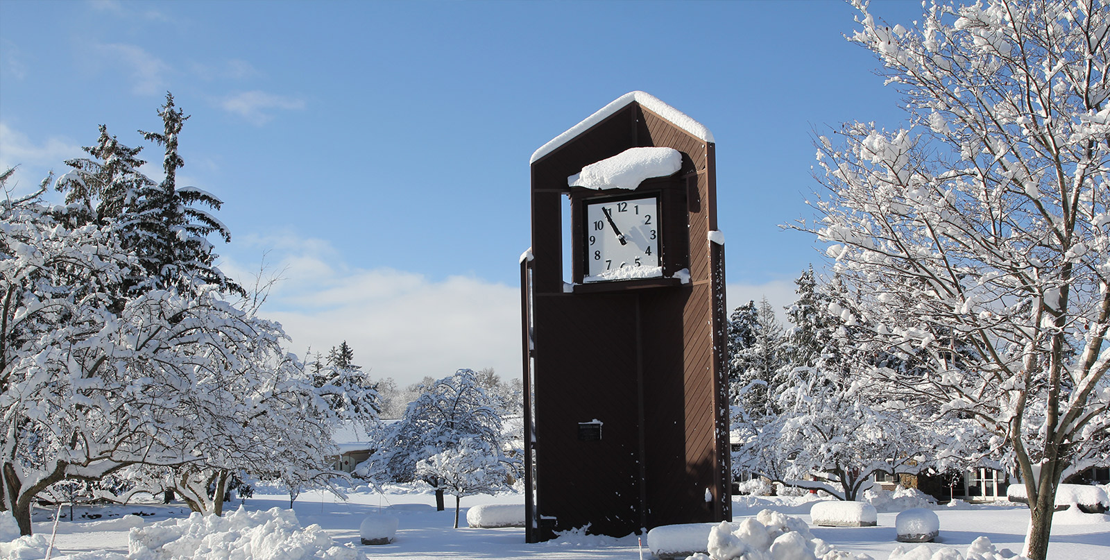 Campus clocktower covered in snow on winter day