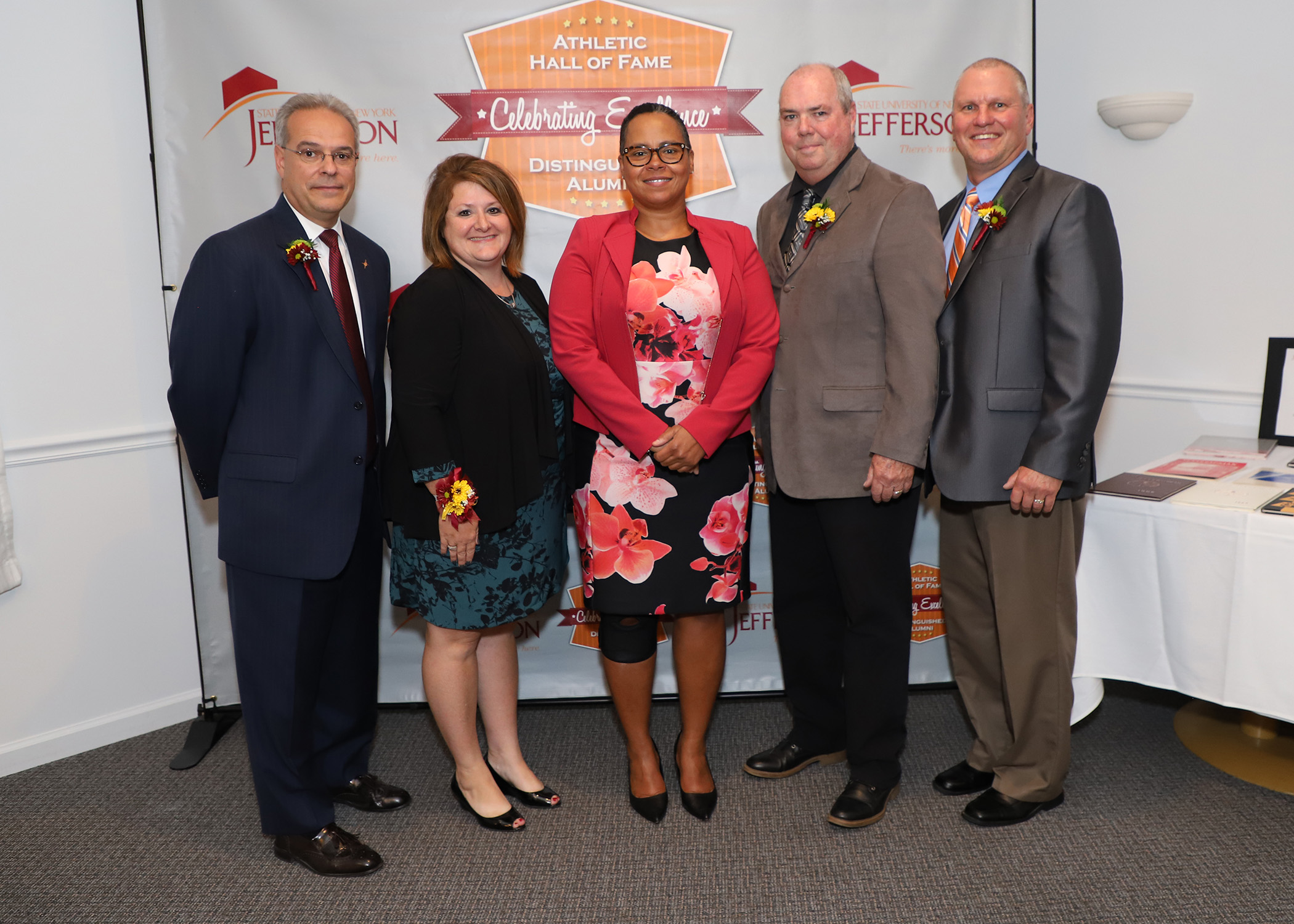 Dale A. Klock, Jeffersonian Award, Kerry A. Young, Professional Achievement Award, College President Ty A. Stone, Thomas H. Tilebein, Hall of Fame inductee, and Timothy R. Keohane, Professional Achievement Award.