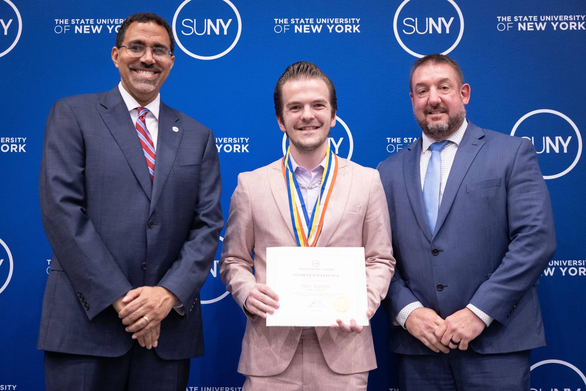 SUNY Chancellor John King, Ben Ramer, and President Daniel Dupee