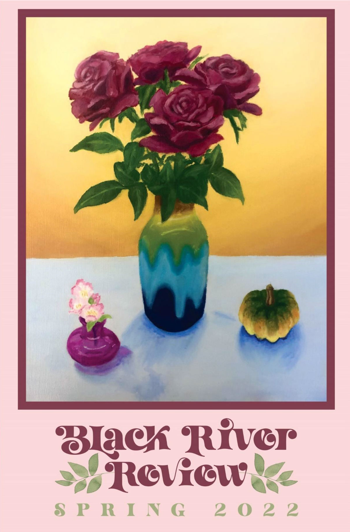 "Colors For All Seasons" is a still-life with a bunch of bright crimson roses in a colorful vase is at the center, with a small sprig of early pink blossoms on the left and autumn orange gourd on the right. The wall fades from gold to copper and the tablecloth is a cool light blue.