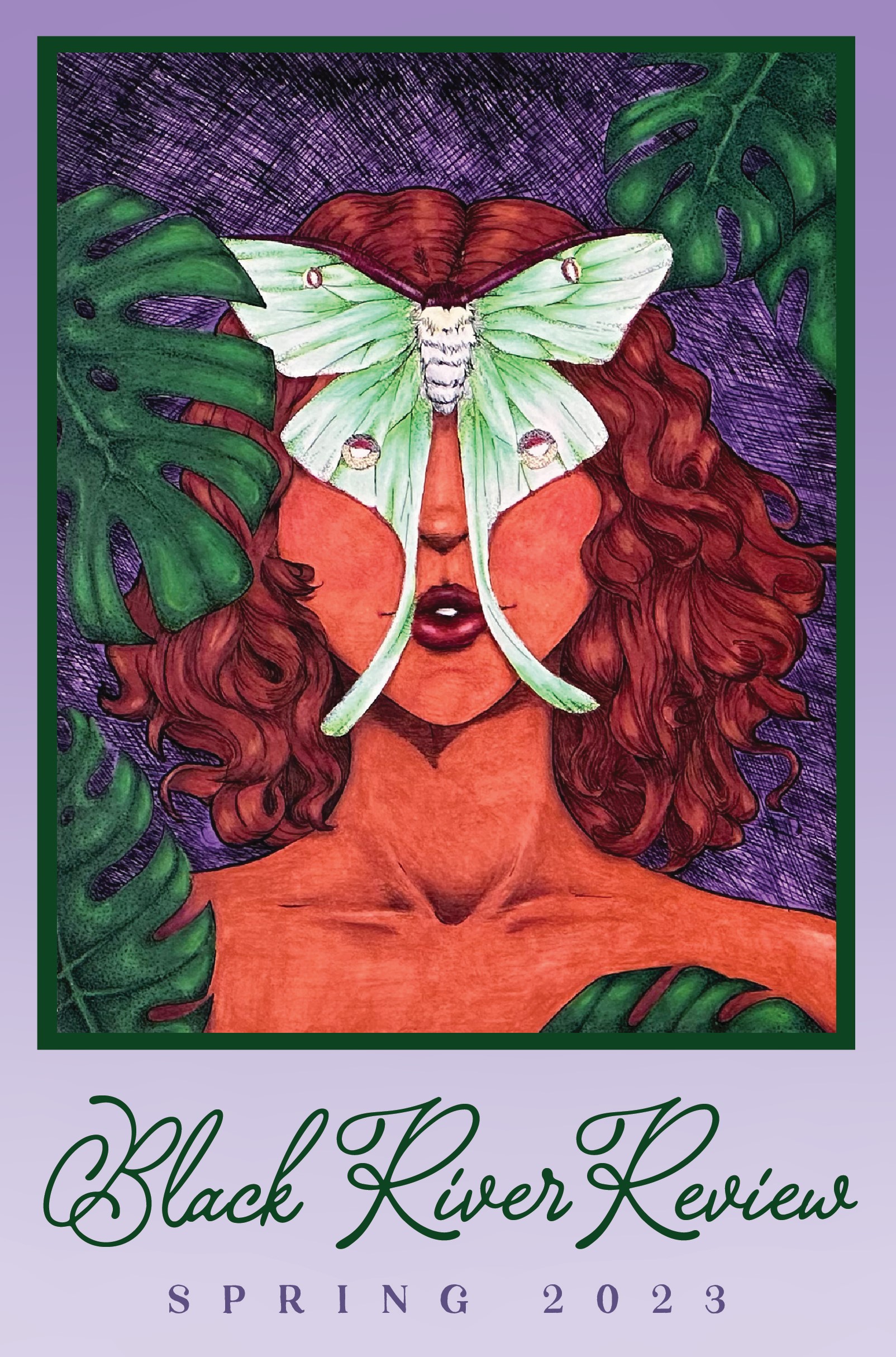 "Hidden Truth" by Jess Okai is a light brown-skinned female from collarbone up red auburn hair with large luna moth covering both eyes and philodendron monstera leaves along inner edge of frame